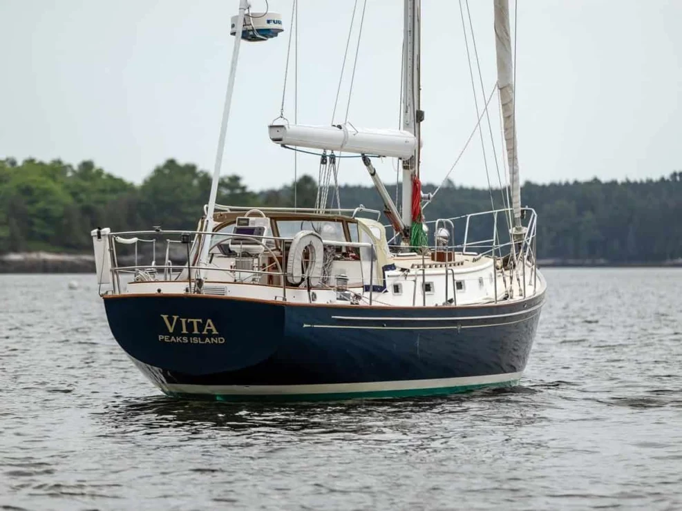 1983 Morris Ocean Series 44 view of aft starboard quarter in the water.