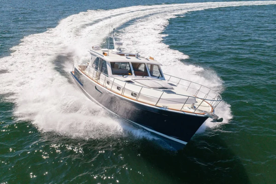 Grand Banks Eastbay 50, starboard bow.