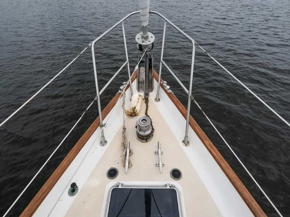 1983 Morris Ocean Series 44 bow with windlass and bow rail.