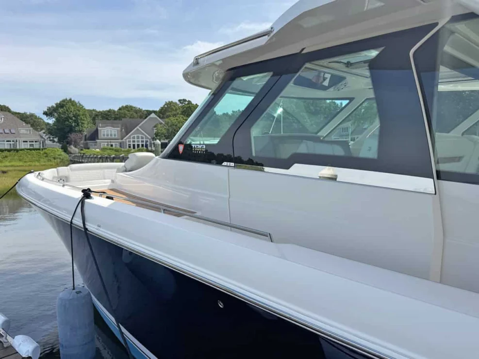 2022 Tiara 48LS, side deck looking forward.