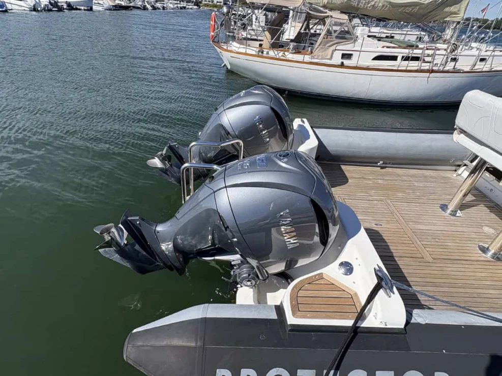 2011 Protector Tauranga 41 outboard Yamaha engines looking to port.