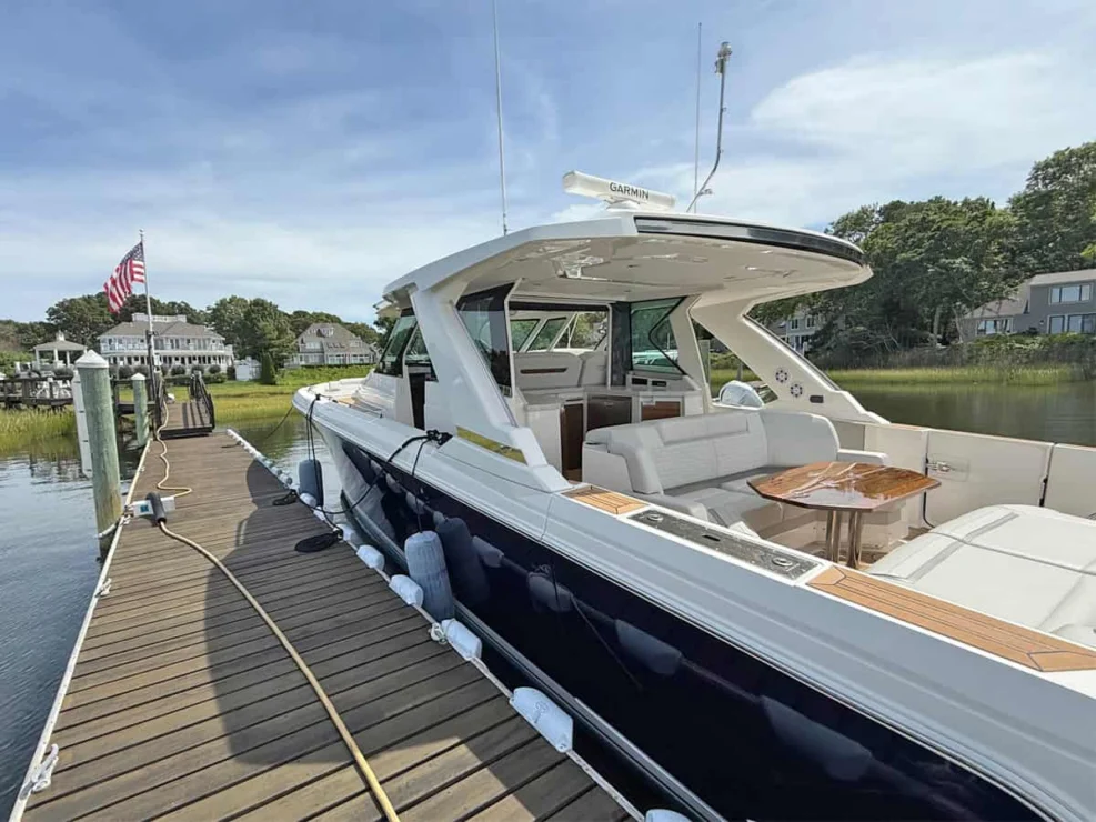 2022 Tiara 48LS, cockpit looking forward.