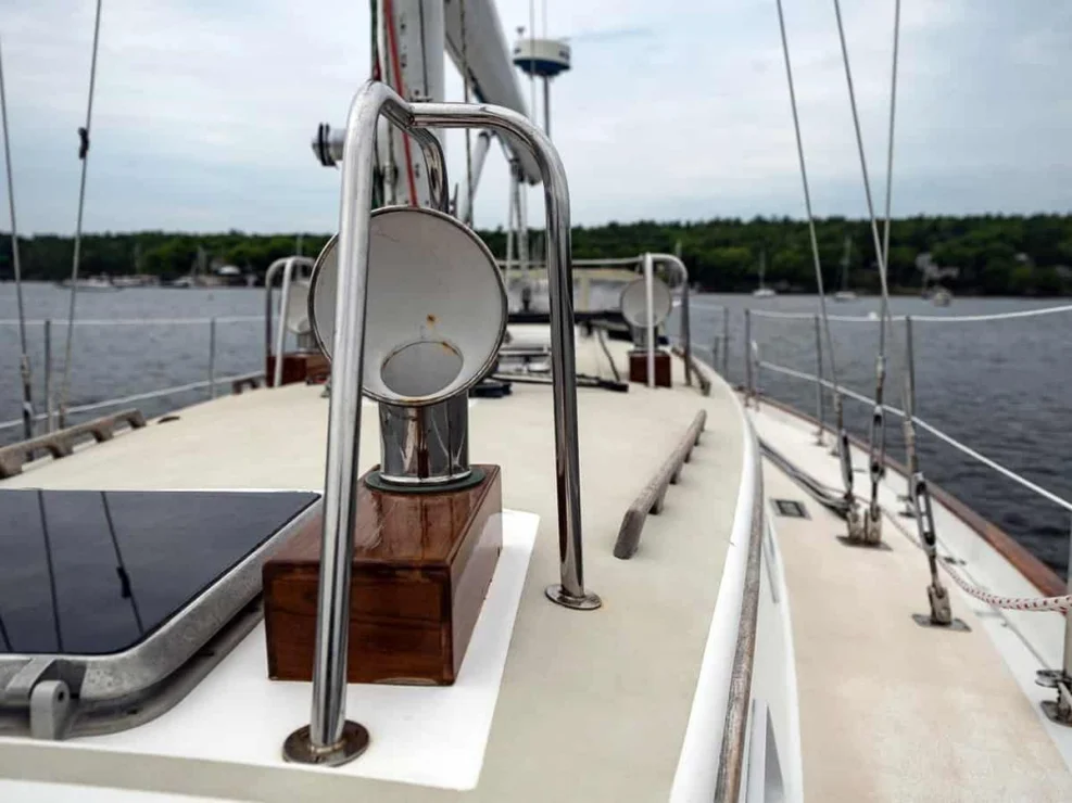 1983 Morris Ocean Series 44 bow detail with dorade and hatch.