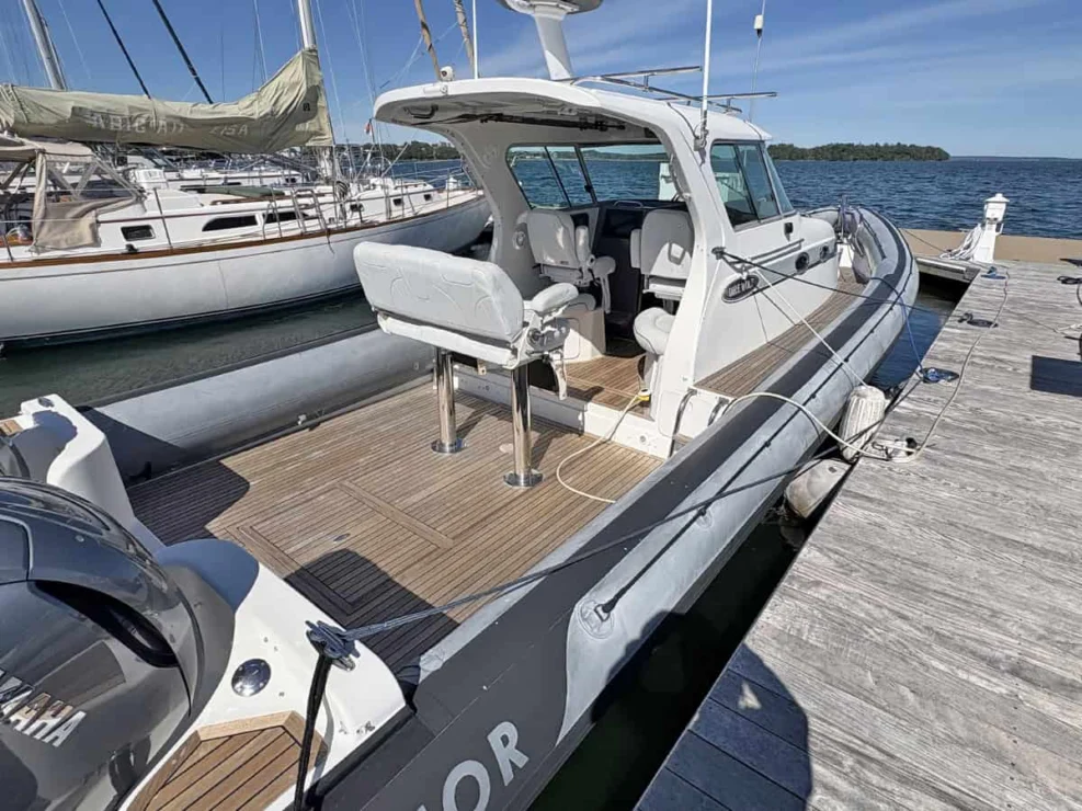 2011 Protector Tauranga 41 teak cockpit looking forward to post.