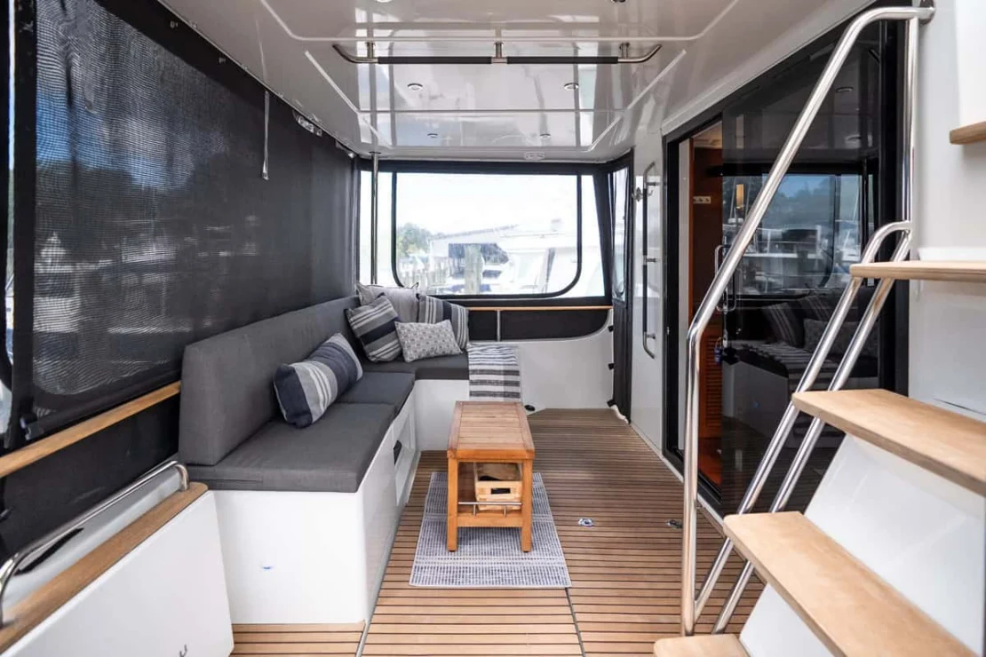 Beneteau Oceanis Swift Trawler 50 lanai area to port.