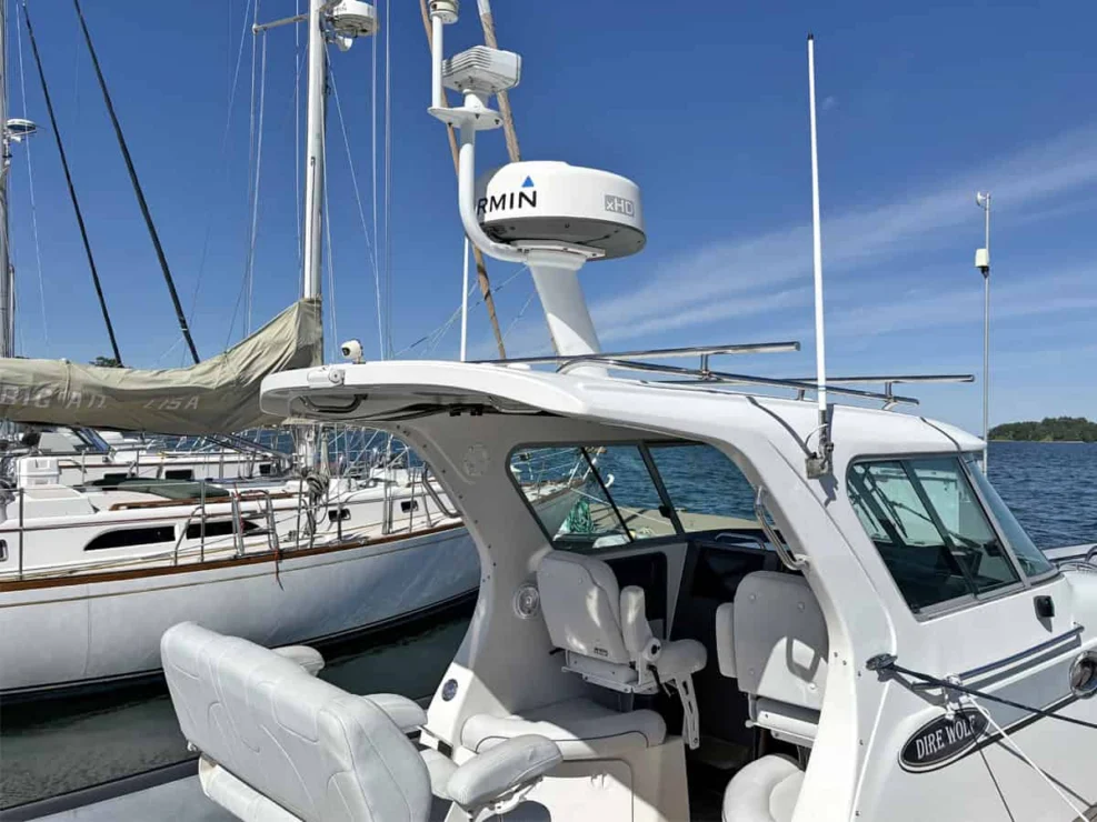 2011 Protector Tauranga 41 Garmin on helm roof.