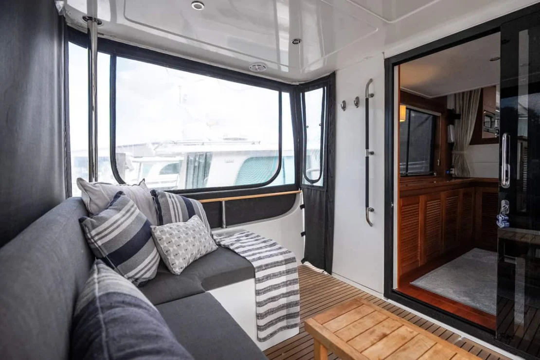 Beneteau Oceanis Swift Trawler 50 lanai area leading to pilothouse.