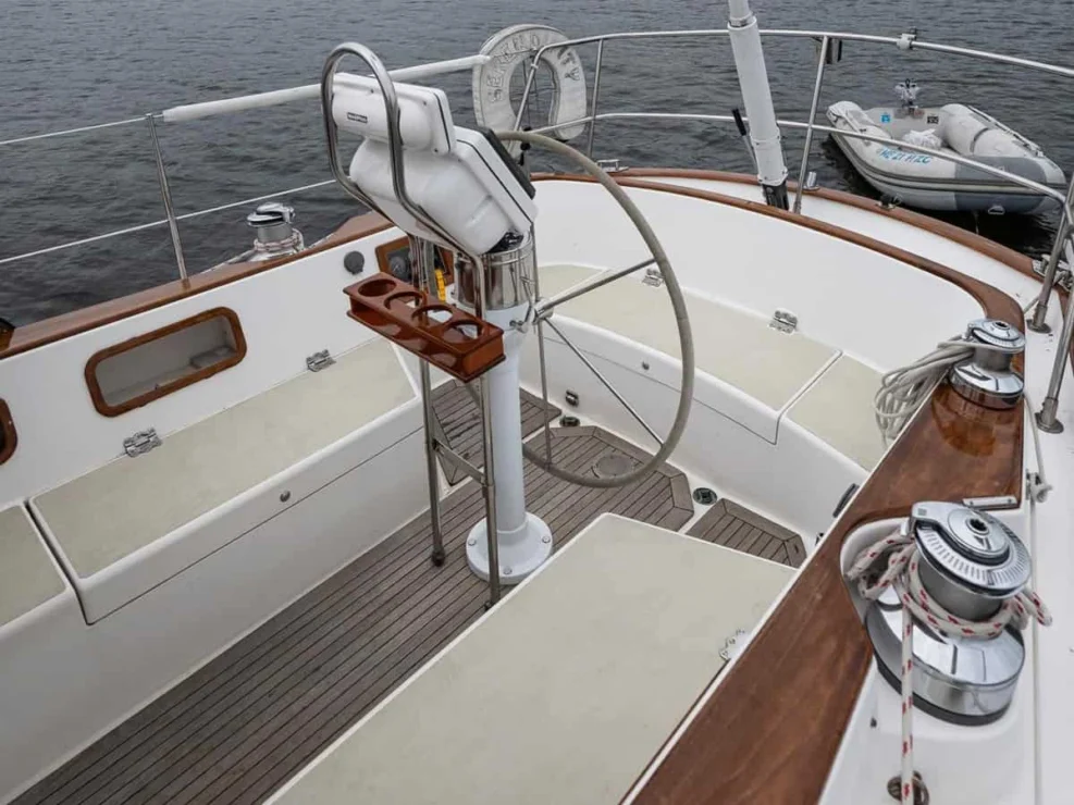 1983 Morris Ocean Series 44 helm looking aft.
