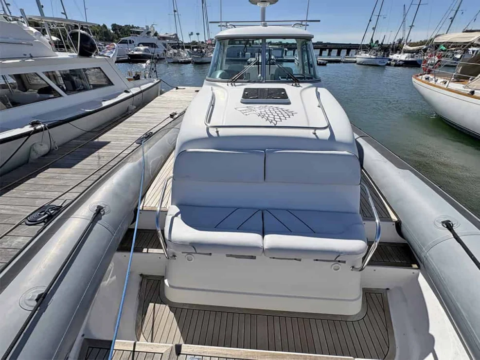 2011 Protector Tauranga 41 looking aft from foredeck to bench seating.
