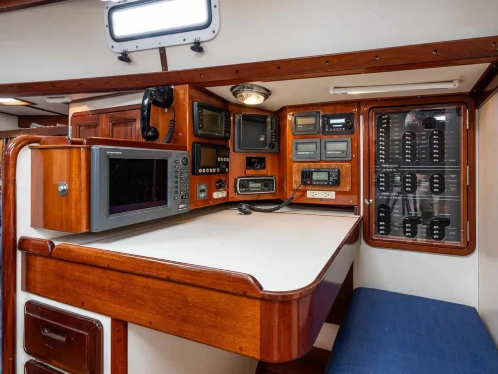 1983 Morris Ocean Series 44 navigation station with instruments and desk.