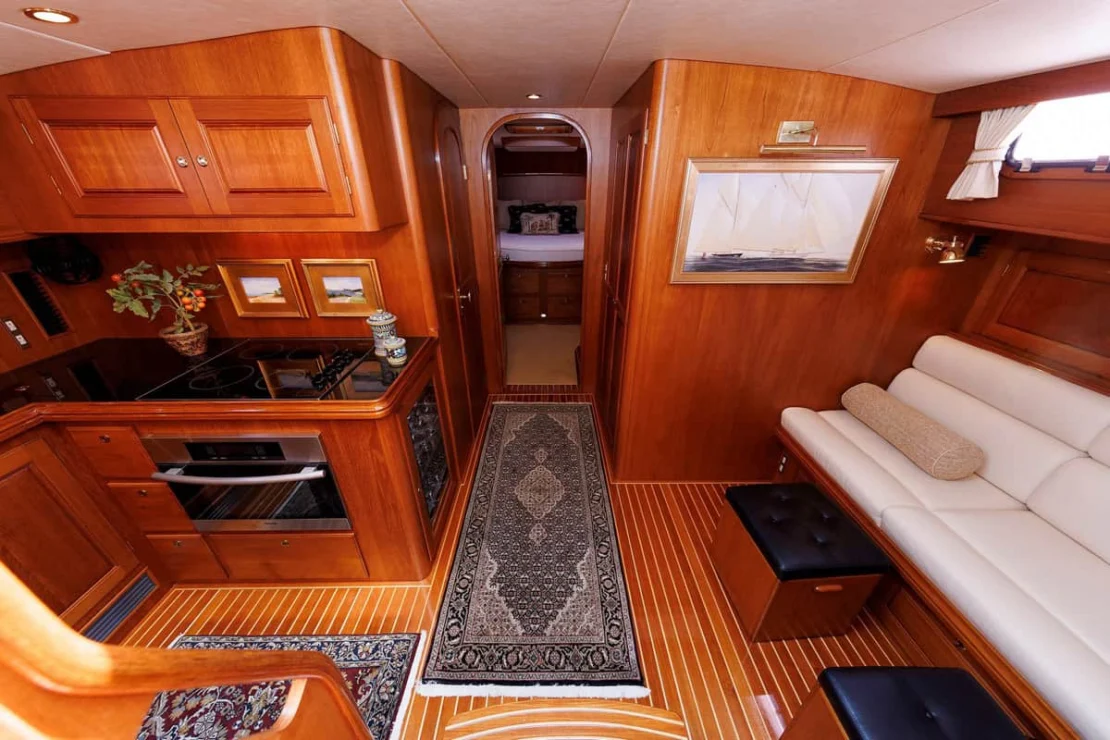 2008 Aden 52 Salon Express, salon and galley from companionway.