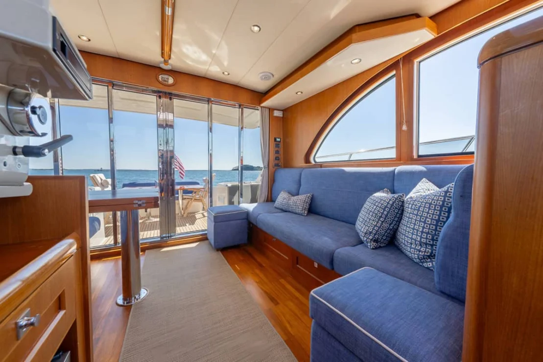 Grand Banks Eastbay 50, view of salon looking aft.
