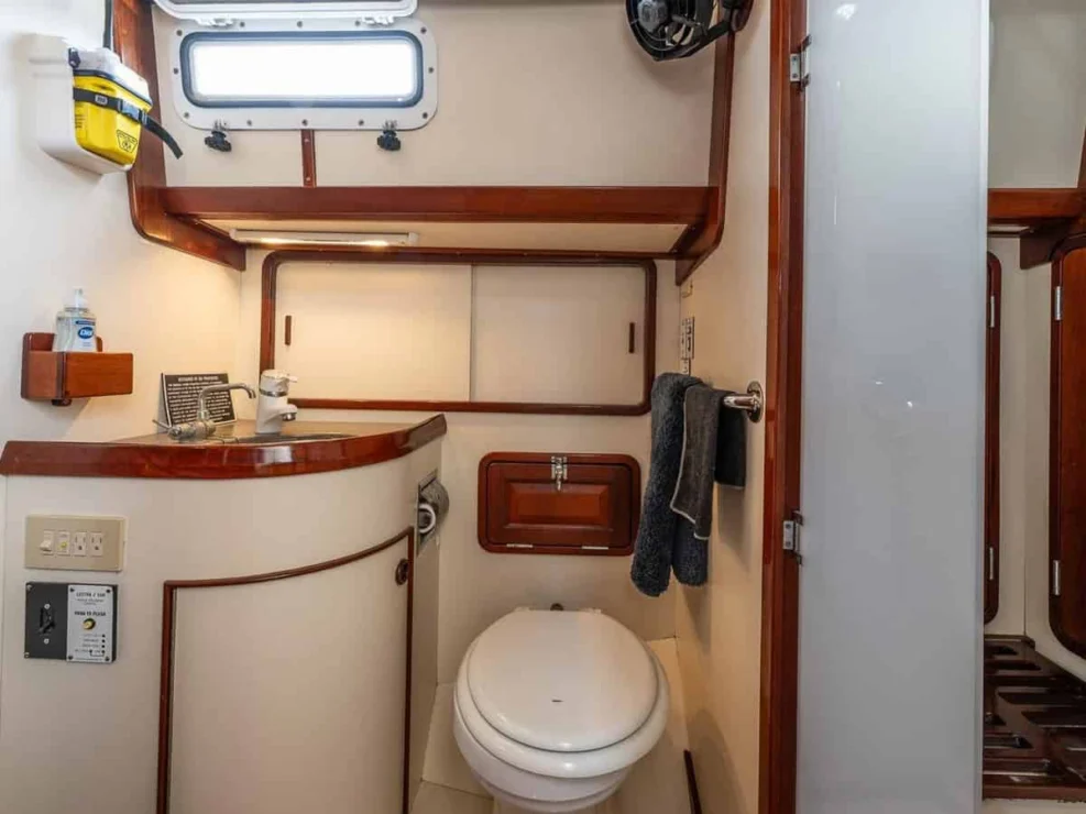 1983 Morris Ocean Series 44 head with vanity and storage.