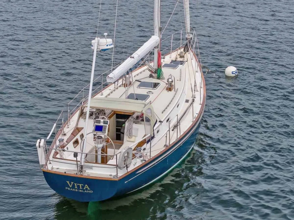1983 Morris Ocean Series 44 aft port quarter looking forward from above.