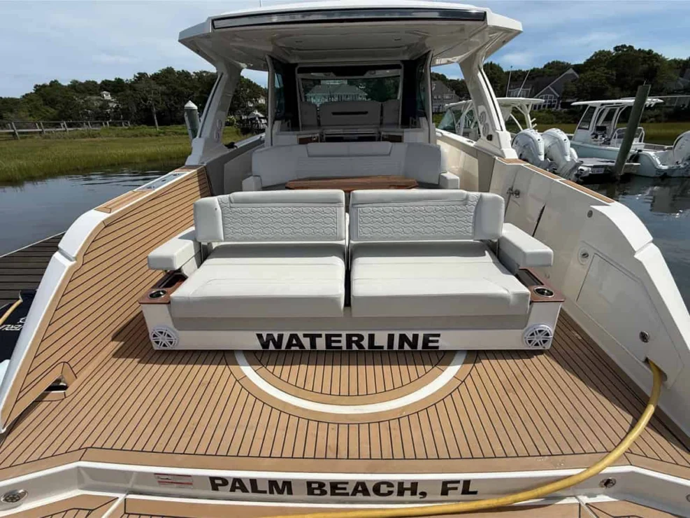 2022 Tiara 48LS, cockpit looking forward.